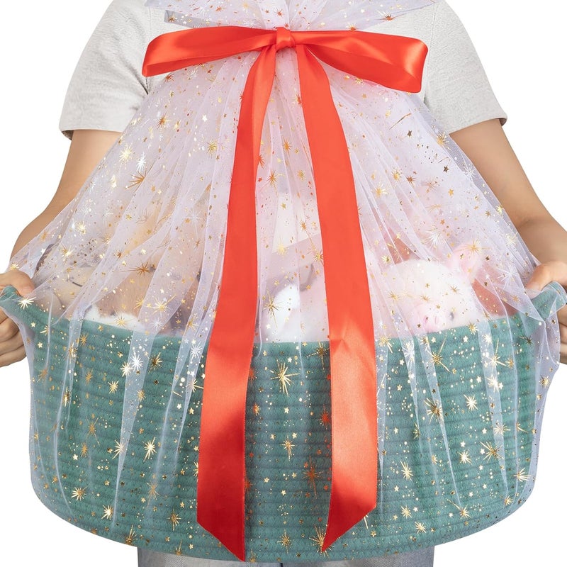 OIAHOMY Large Gift Basket Empty 17" x 12.6" x 7", Storage Basket with Gift Bag, Ribbon and Glitter Tulle for DIY Anytime, Toy Storage for Kids, Dogs with Handles in A Stylish Design - Green - Image 1